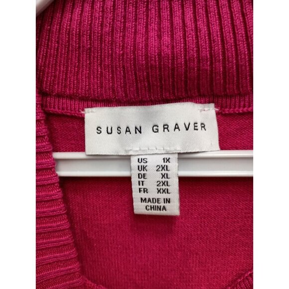 Susan Graver Womens Sweater Size 1X Hot Pink Cold Shoulder Mock Neck Keyhole - Picture 3 of 8